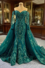 Dark Green Mermaid Tulle Appliques Beading Evening Prom Dress