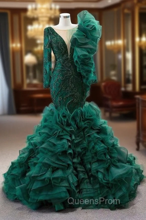 Dark Green Mermaid Tulle Beading Evening Prom Dress Main image