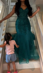 Dark Green Mermaid Tulle Lace Classy Prom Dress Winter Classy Gown