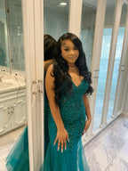 Dark Green Mermaid Tulle Lace Classy Prom Dress Winter Classy Gown
