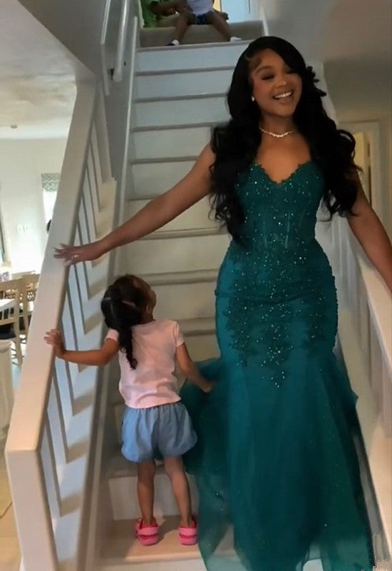 Dark Green Mermaid Tulle Lace Classy Prom Dress Winter Classy Gown