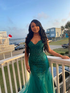 Dark Green Mermaid Tulle Lace Classy Prom Dress Winter Classy Gown