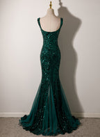 Dark Green Mermaid Tulle With Sequins Straps Party Dress, Mermaid Long Classy Dress