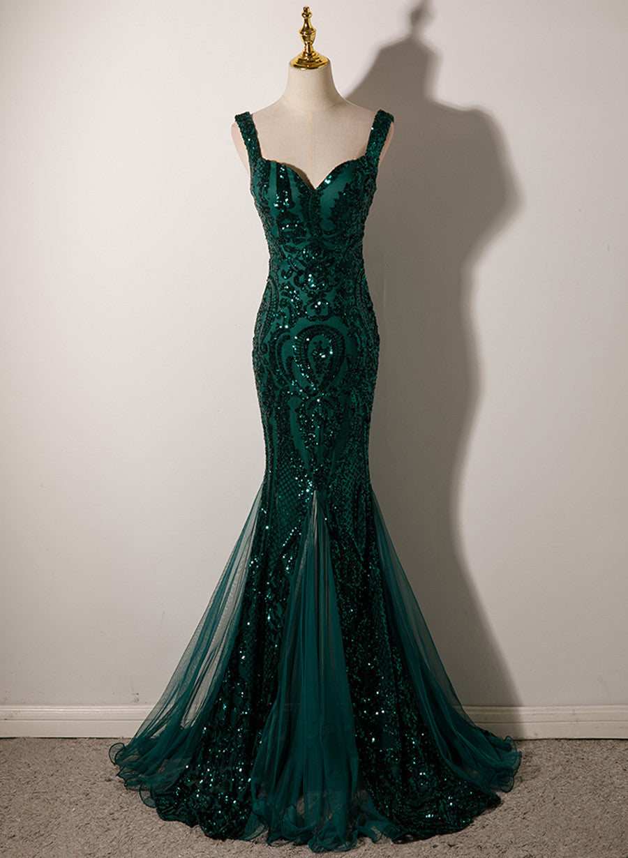 Dark Green Mermaid Tulle With Sequins Straps Party Dress, Mermaid Long Classy Dress Main image
