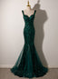 Dark Green Mermaid Tulle With Sequins Straps Party Dress, Mermaid Long Classy Dress