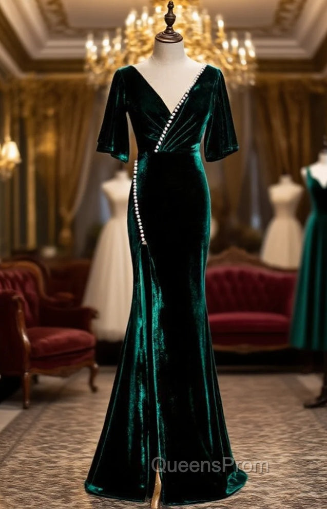 Dark Green Mermaid Velvet Short Sleeve V-neck Evening Prom Dress