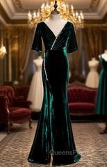 Dark Green Mermaid Velvet Short Sleeve V-neck Evening Prom Dress