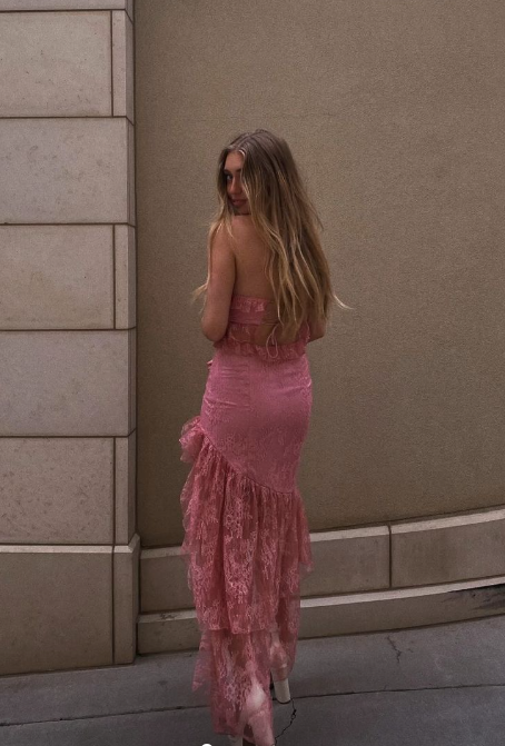 Sexy Strapless Lace Ruffle Classy Prom Dress Long Party Dress