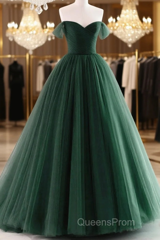 Dark Green Off Shoulder Sweetheart Long Party Dress, Dark Green Sweet 16 Dress Main image