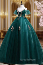 Dark Green Off Shoulder Tulle Party Dress with Lace, Green Evening Dress Evening Prom Dress