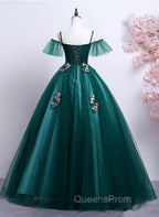 Dark Green Off Shoulder Tulle Party Dress with Lace, Green Evening Dress Evening Prom Dress