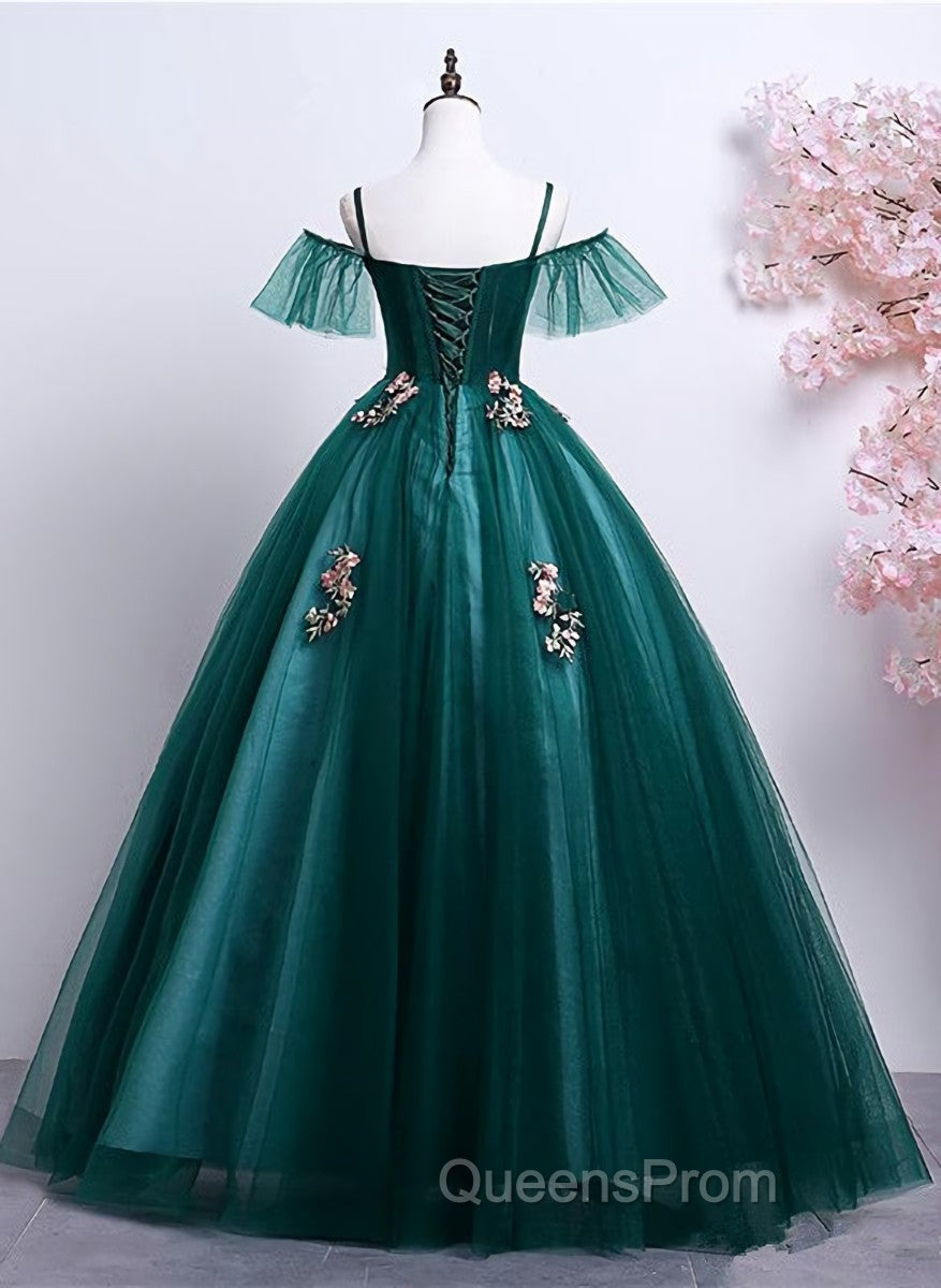 Dark Green Off Shoulder Tulle Party Dress with Lace, Green Evening Dress Evening Prom Dress