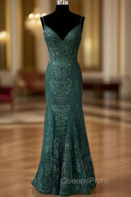 Dark Green Evening Prom Dress, Trumpet/Mermaid V Neck Spaghetti Straps Long/Floor-Length Tulle Evening Prom Dress With Appliqued Beading