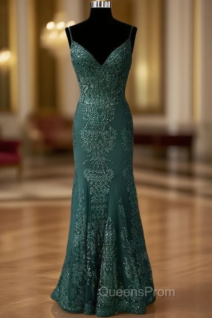 Dark Green Evening Prom Dress, Trumpet/Mermaid V Neck Spaghetti Straps Long/Floor-Length Tulle Evening Prom Dress With Appliqued Beading