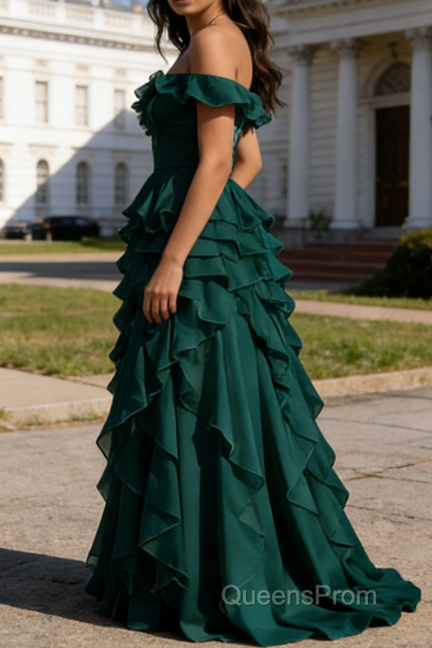 Dark Green Ruffled A-Line Square Neck Long Prom Dress Secondary image