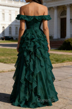 Dark Green Ruffled A-Line Square Neck Long Prom Dress