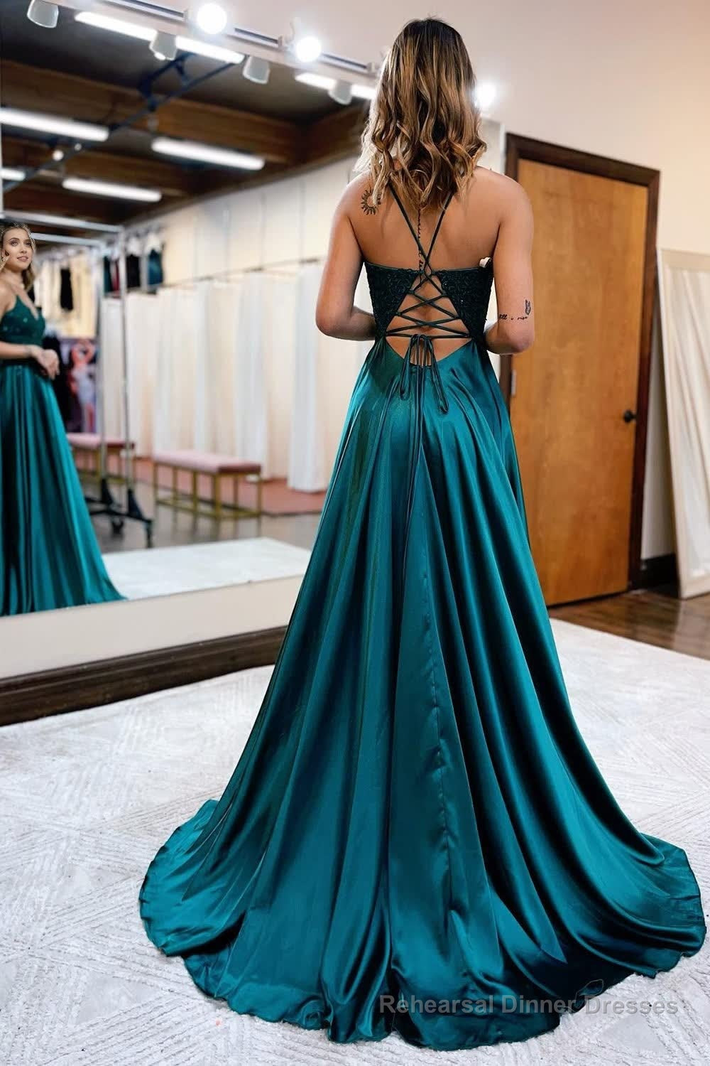 Dark Green Satin A-Line Appliques Prom Dress with Slit Formal Evening Dresses Secondary image