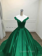 Dark Green Satin Ball Gown Long Evening Dress Evening Prom Dress, Green Evening Dress