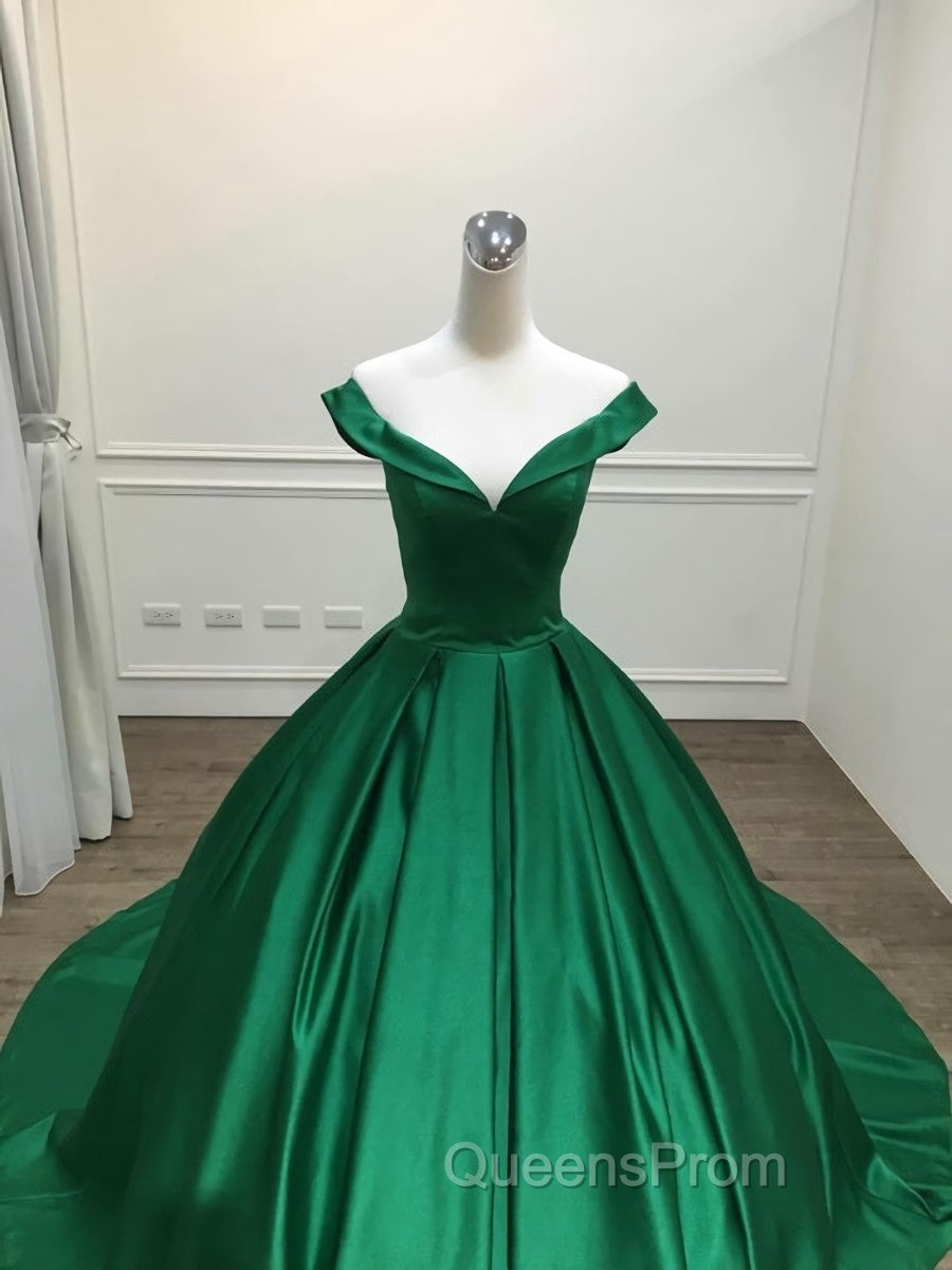 Dark Green Satin Ball Gown Long Evening Dress Evening Prom Dress, Green Evening Dress