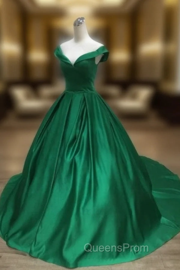 Dark Green Satin Ball Gown Long Evening Dress Evening Prom Dress, Green Evening Dress Main image