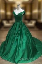 Dark Green Satin Ball Gown Long Evening Dress Evening Prom Dress, Green Evening Dress