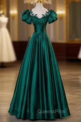 Dark Green Satin Ball Gown Sweet 16 Dress, Green Long Evening Dress Party Dress