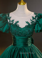 Dark Green Satin Ball Gown Sweet 16 Dress, Green Long Evening Dress Party Dress