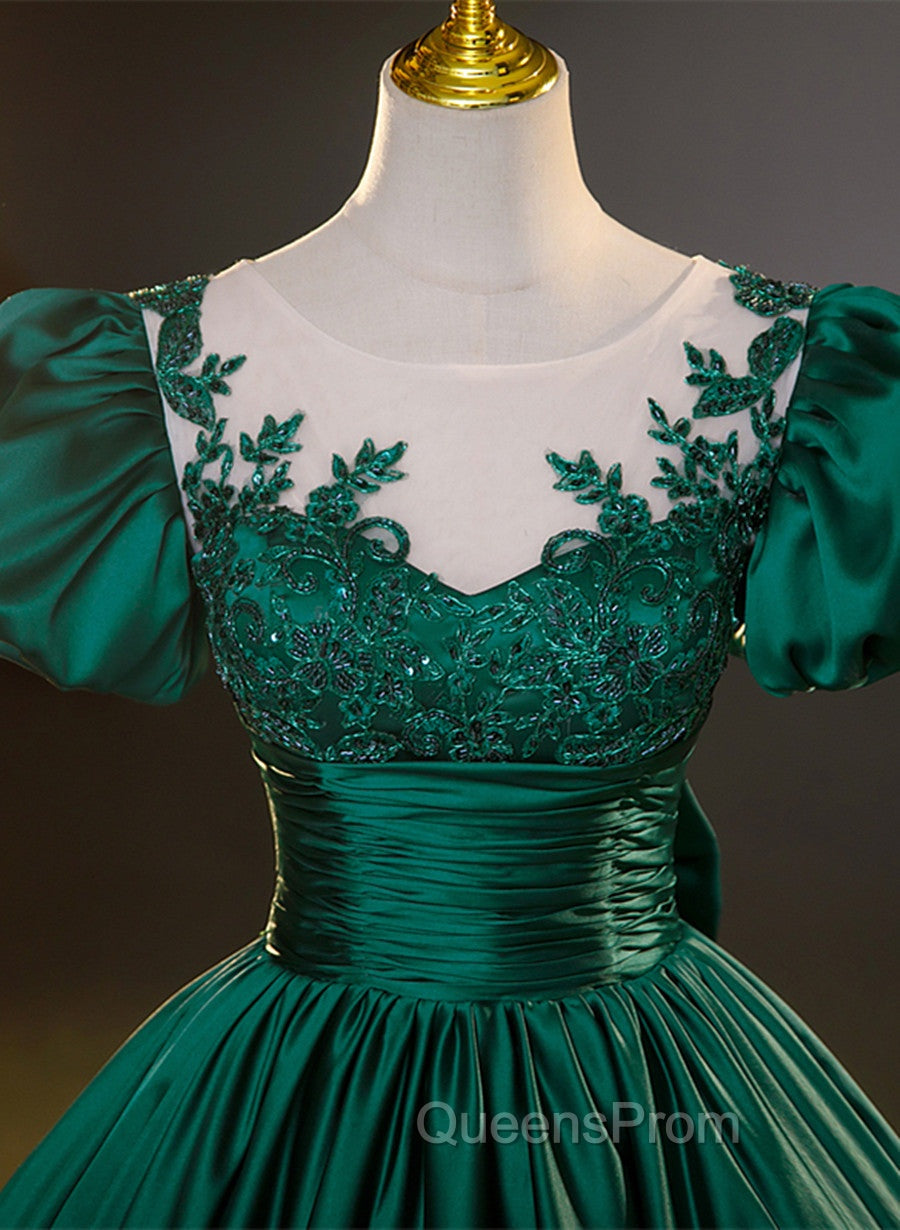 Dark Green Satin Ball Gown Sweet 16 Dress, Green Long Evening Dress Party Dress