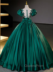 Dark Green Satin Ball Gown Sweet 16 Dress, Green Long Evening Dress Party Dress