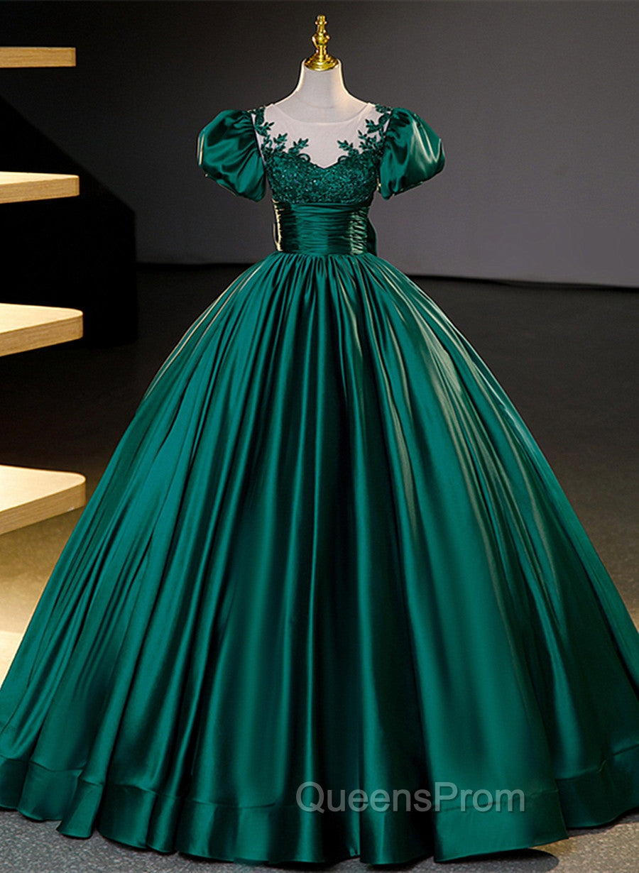 Dark Green Satin Ball Gown Sweet 16 Dress, Green Long Evening Dress Party Dress Main image