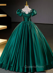 Dark Green Satin Ball Gown Sweet 16 Dress, Green Long Evening Dress Party Dress