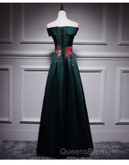 Dark Green Satin Off Shoulder Floor Length Satin Party Dress, Green Evening Prom Dress Evening Dress