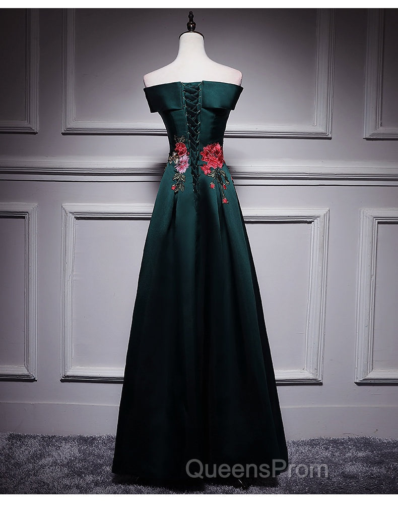 Dark Green Satin Off Shoulder Floor Length Satin Party Dress, Green Evening Prom Dress Evening Dress