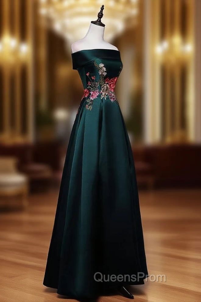 Dark Green Satin Off Shoulder Floor Length Satin Party Dress, Green Evening Prom Dress Evening Dress Main image