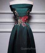Dark Green Satin Off Shoulder Floor Length Satin Party Dress, Green Evening Prom Dress Evening Dress