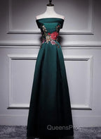 Dark Green Satin Off Shoulder Floor Length Satin Party Dress, Green Evening Prom Dress Evening Dress