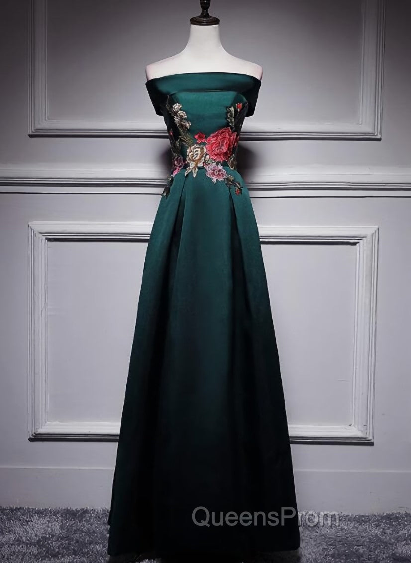 Dark Green Satin Off Shoulder Floor Length Satin Party Dress, Green Evening Prom Dress Evening Dress