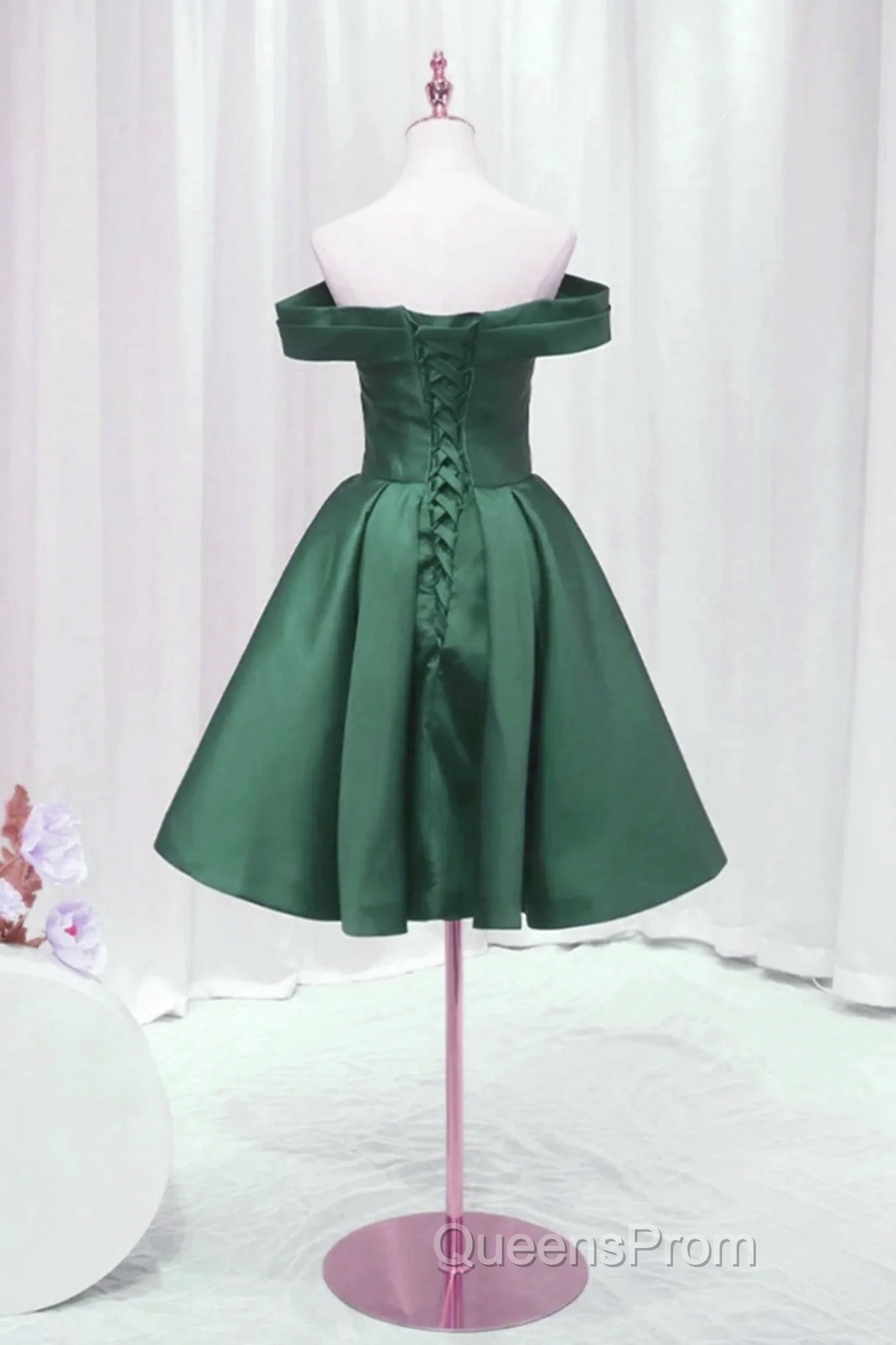 Dark Green Satin Off Shoulder Knee Length Party Dress, Green Homecoming Dress Evening Prom Dress