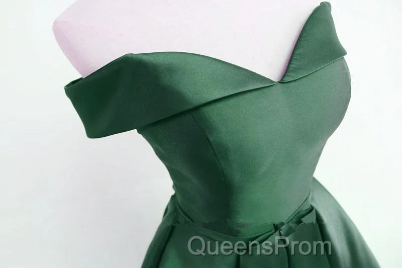 Dark Green Satin Off Shoulder Short Evening Prom Dress, Green Homecoming Dress