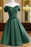 Dark Green Satin Off Shoulder Short Evening Prom Dress, Green Homecoming Dress