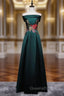 Dark Green Satin Off the Shoulder Appliques Evening Prom Dress