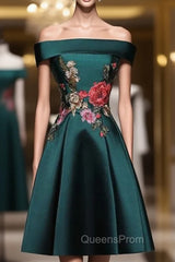Dark Green Satin Off the Shoulder Appliques Tea Length Evening Prom Dress