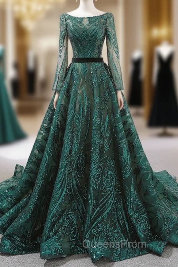 Dark Green Sequins Long Sleeve Backless Evening Prom Dress With Long Train Main image