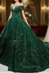 Dark Green Sequins Off Shoulder Ball Gown Sweet 16 Dress, Dark Green Evening Prom Dress