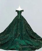 Dark Green Sequins Off Shoulder Ball Gown Sweet 16 Dress, Dark Green Evening Prom Dress