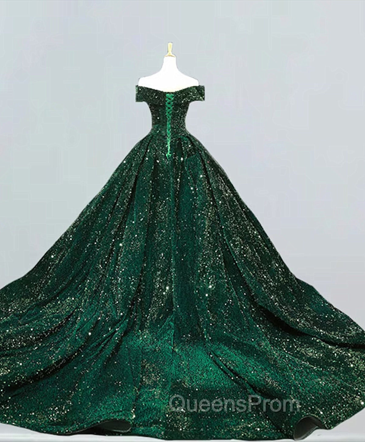Dark Green Sequins Off Shoulder Ball Gown Sweet 16 Dress, Dark Green Evening Prom Dress
