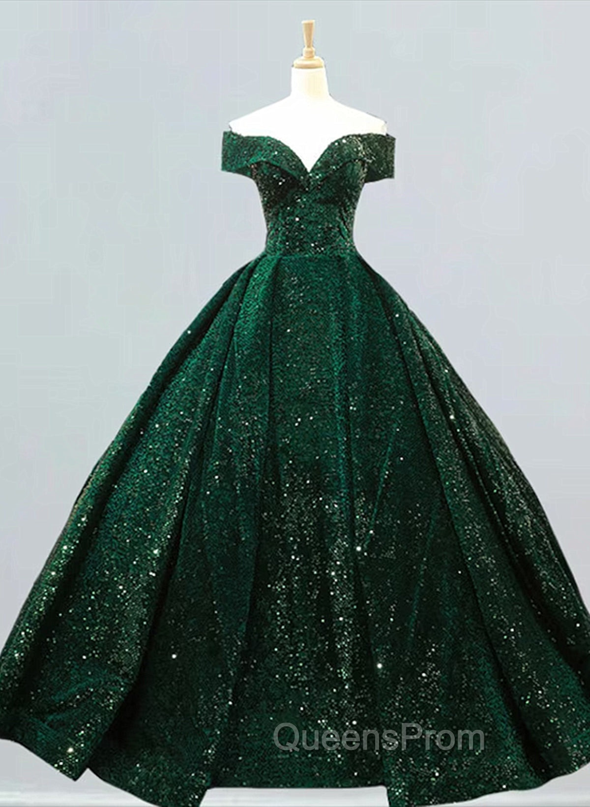 Dark Green Sequins Off Shoulder Ball Gown Sweet 16 Dress, Dark Green Evening Prom Dress Main image