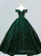 Dark Green Sequins Off Shoulder Ball Gown Sweet 16 Dress, Dark Green Evening Prom Dress