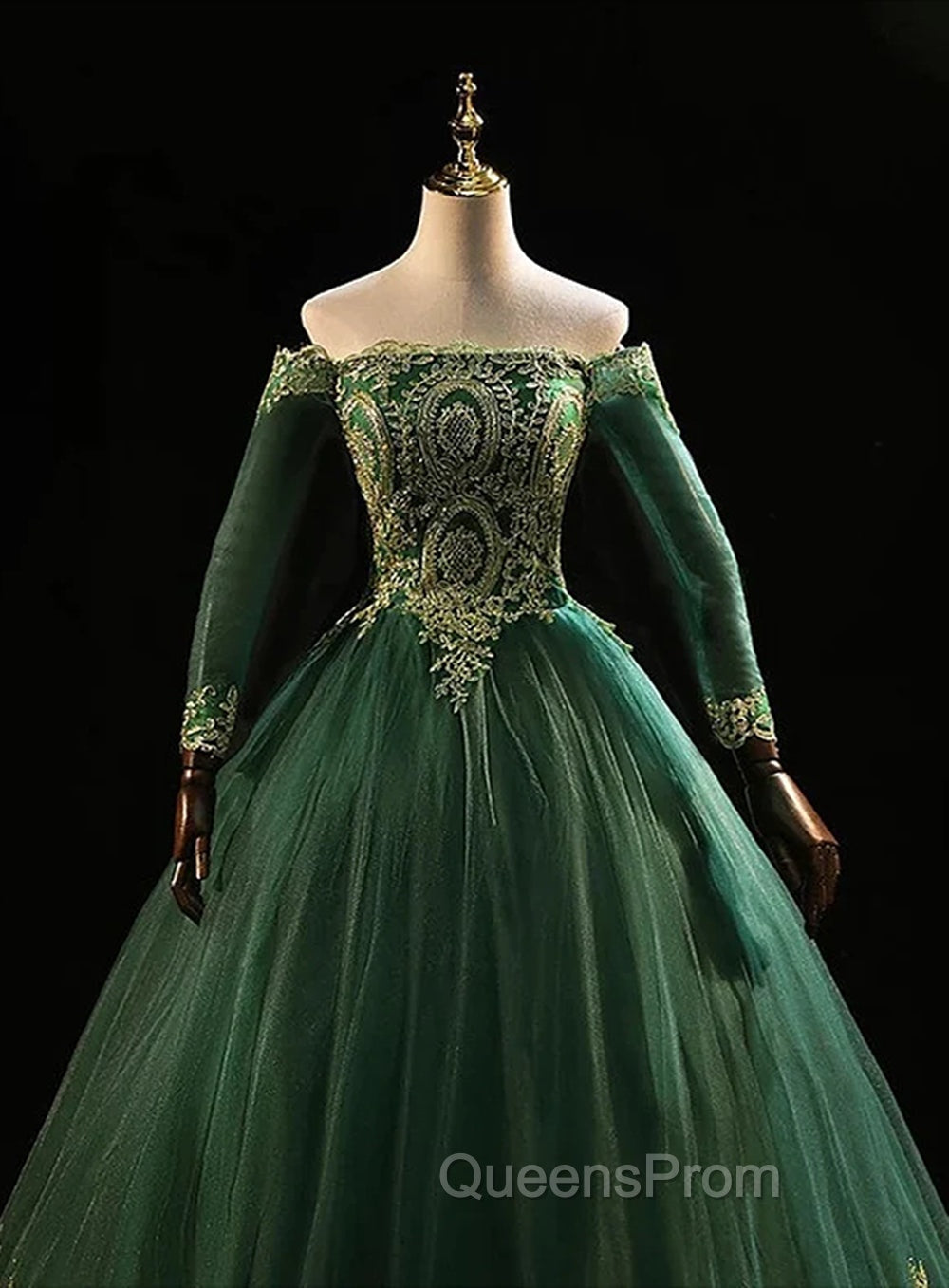 Dark Green Sleeves with Gold Lace Sweet 16 Dress, Dark Green Long Evening Dress Secondary image