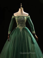 Dark Green Sleeves with Gold Lace Sweet 16 Dress, Dark Green Long Evening Dress